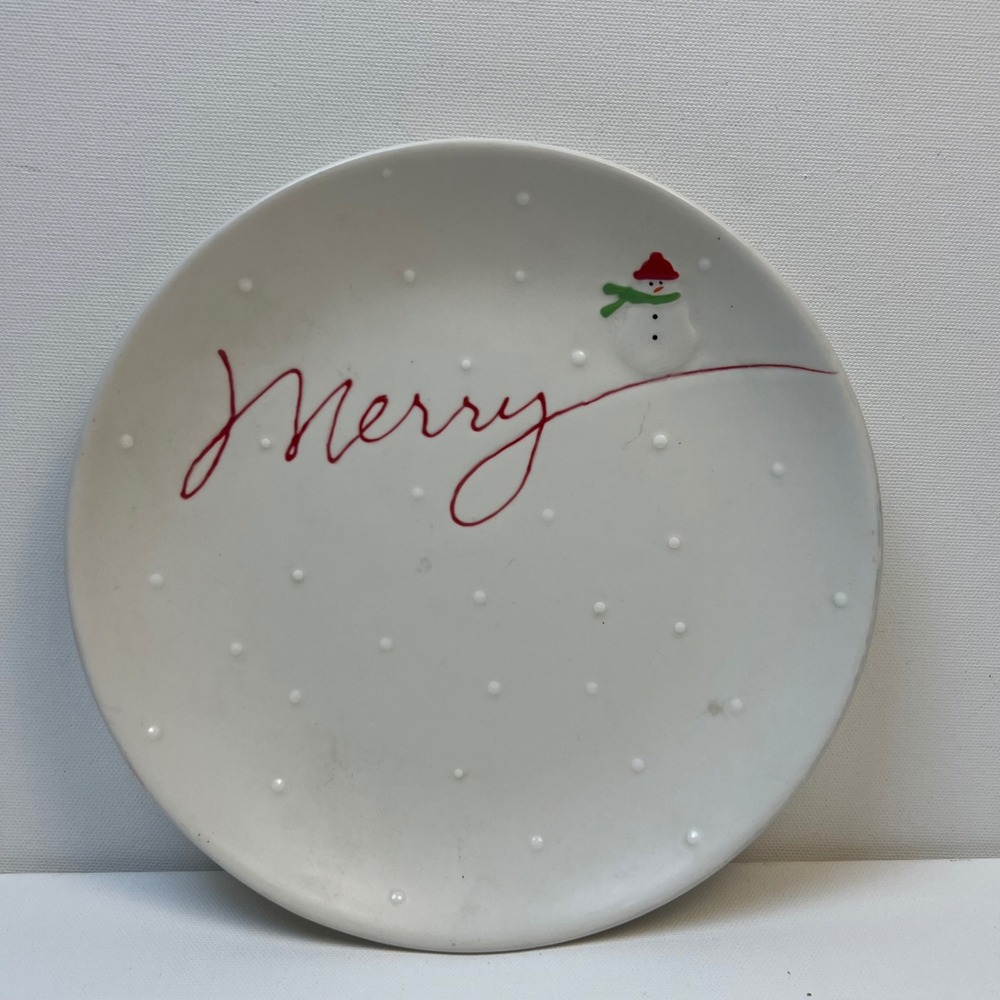 Hallmark Merry Snowman Ceramic Holiday Appetizer Plate White Red Green 8.25in
